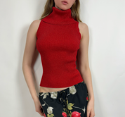 2000s Red Glitter Turtleneck Top (M)