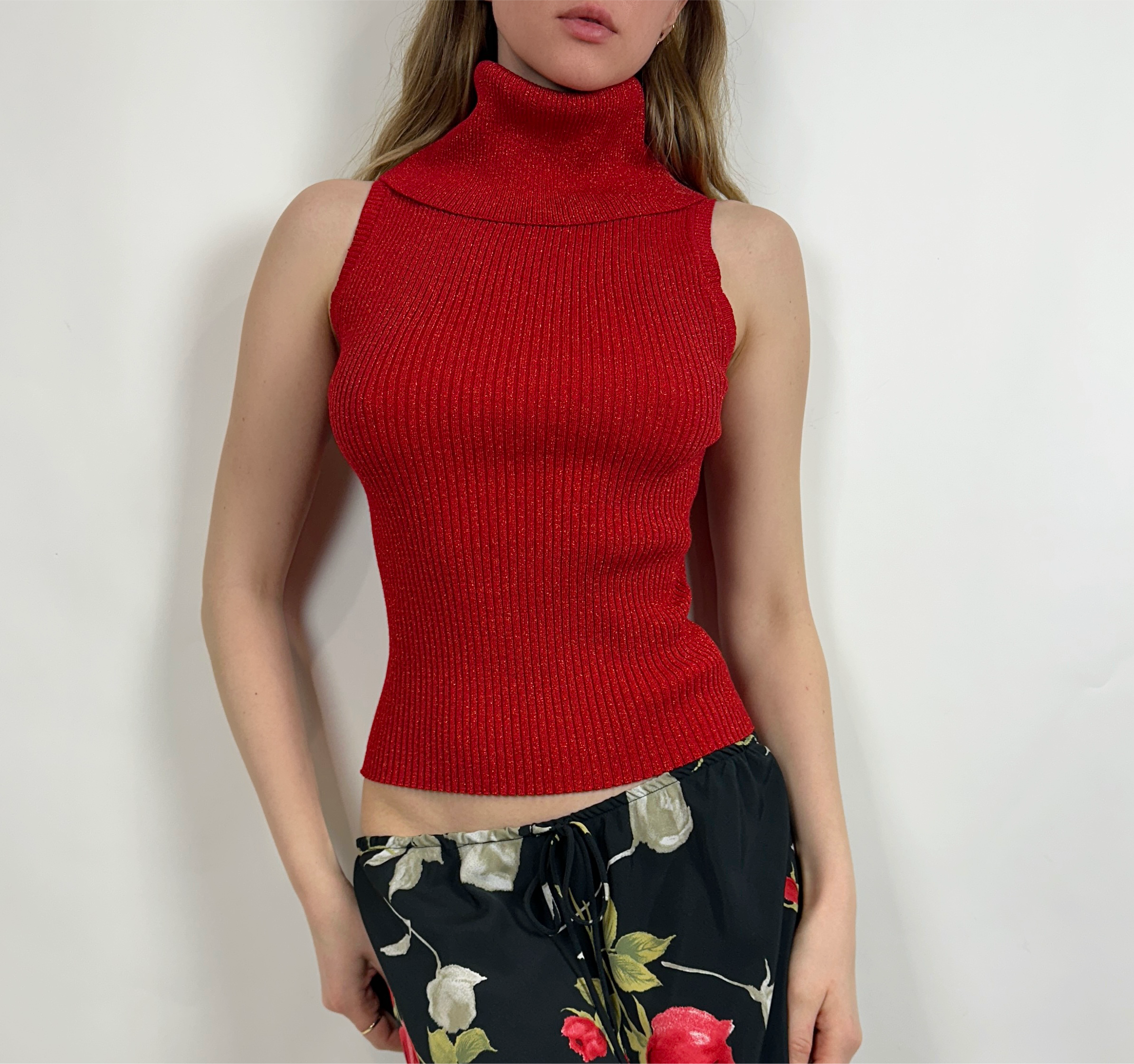 2000s Red Glitter Turtleneck Top (M)