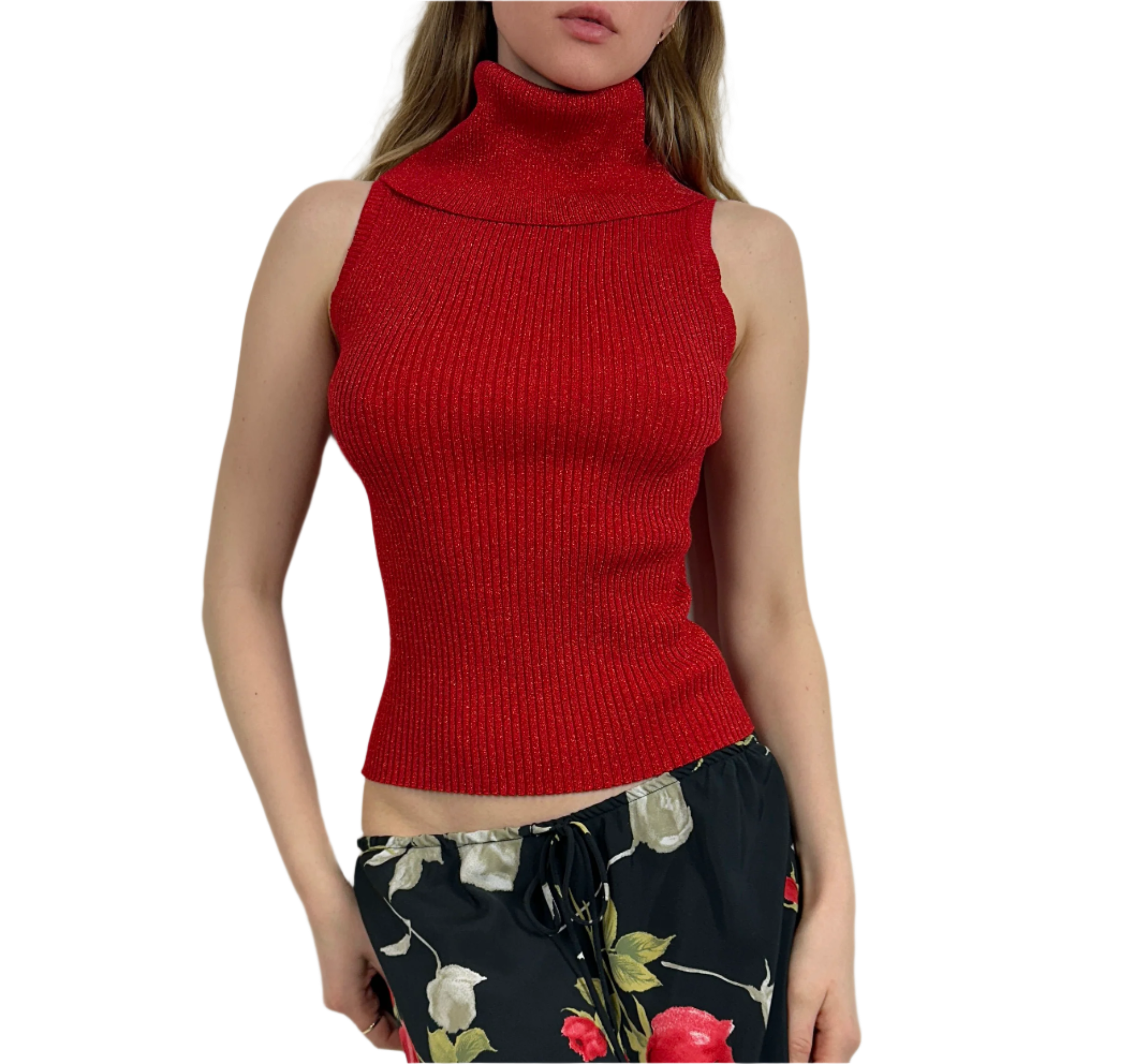2000s Red Glitter Turtleneck Top (M)