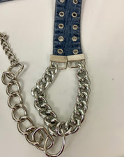 Reworked denim and chain belt