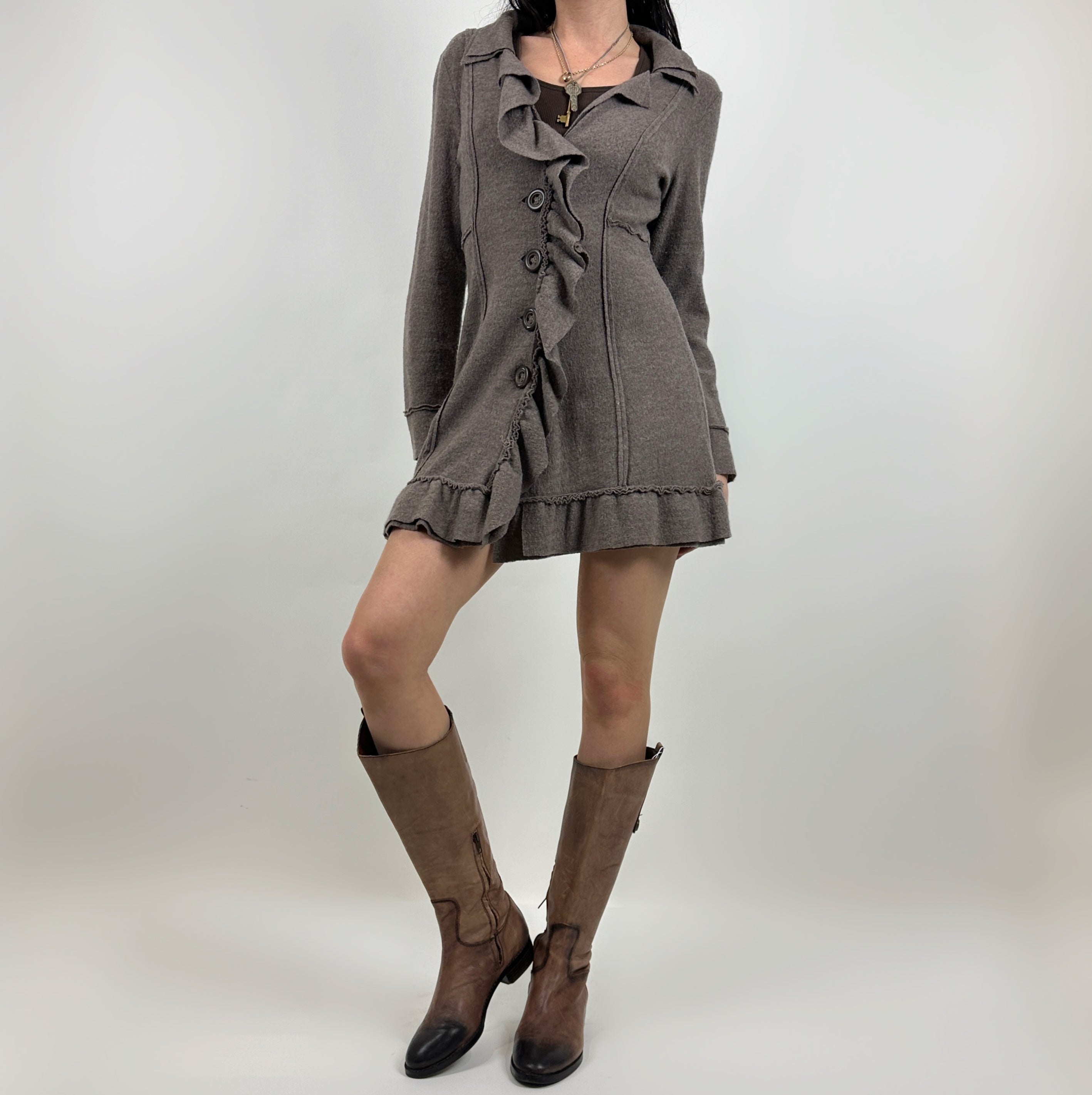 Grey Ruffle Wool Sweater Dress (S)