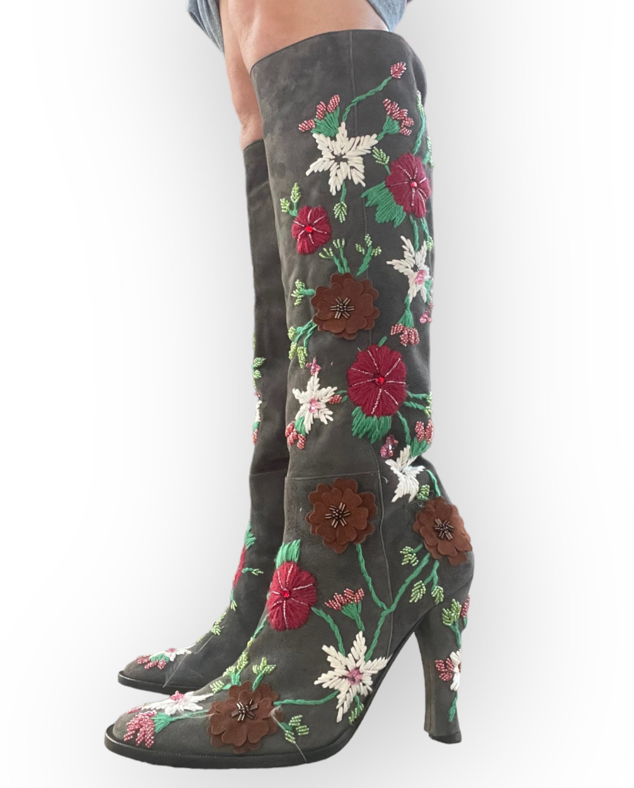 90s Dolce & Gabbana Grey Suede Knee-High Boots with Floral Embroidery and Beading (8.5)