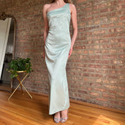 90s Pastel Mint Floral Satin Maxi Dress (M)