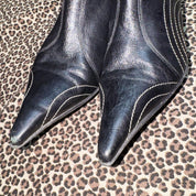 Y2K Stitched Black Leather Pointed Toe Kitten Heel Ankle Boots (7)