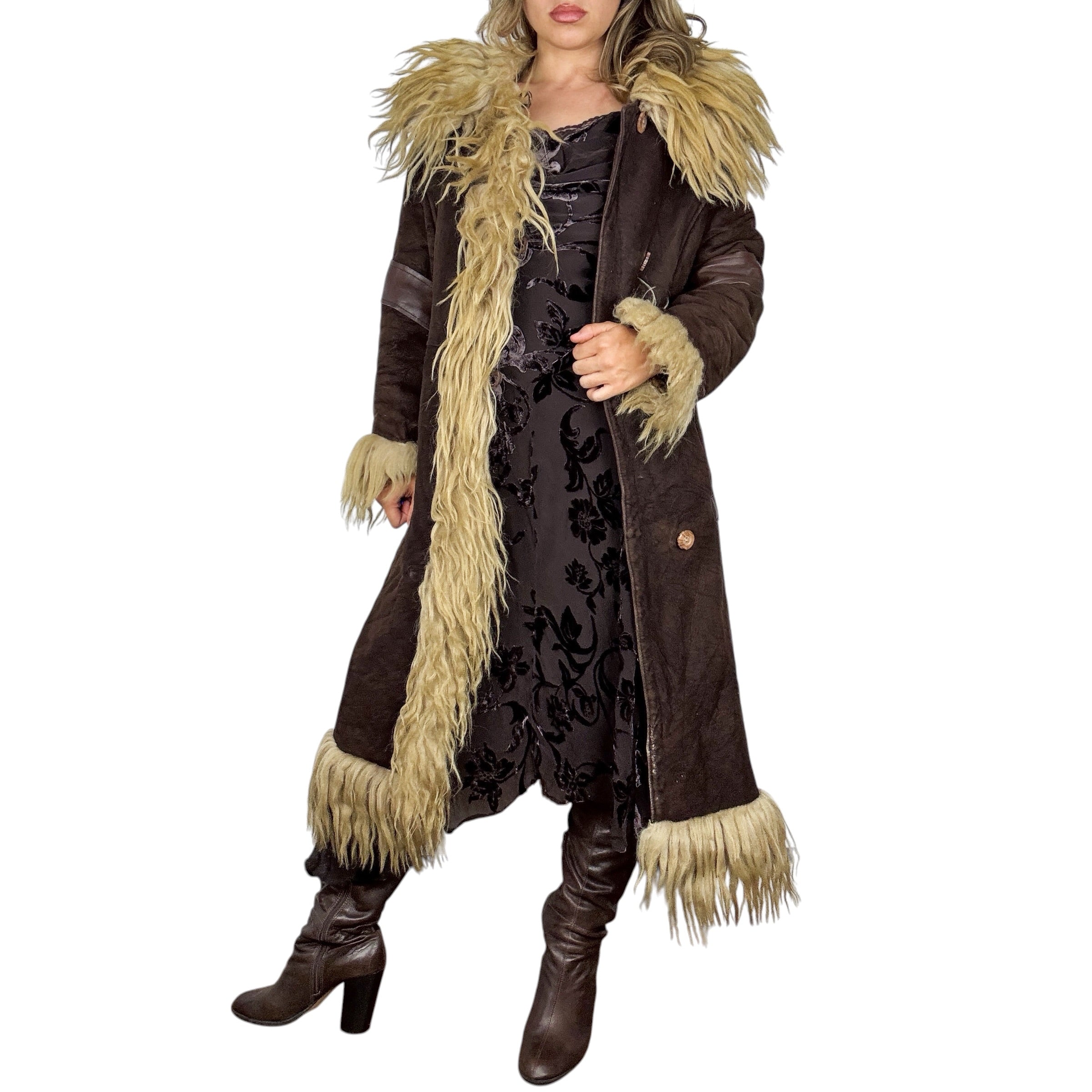 1970s Genuine Suede & Shearling Fur Trim Penny Lane Coat (L)