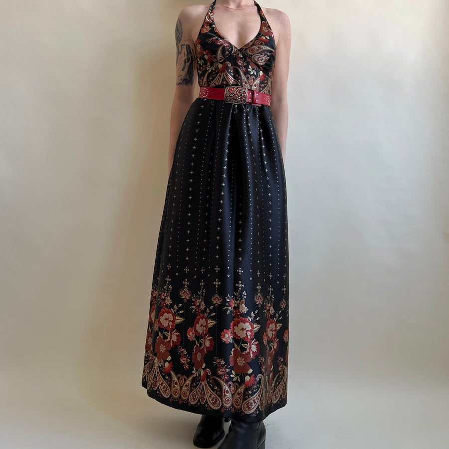 Vintage satin floral halter maxi dress (L)
