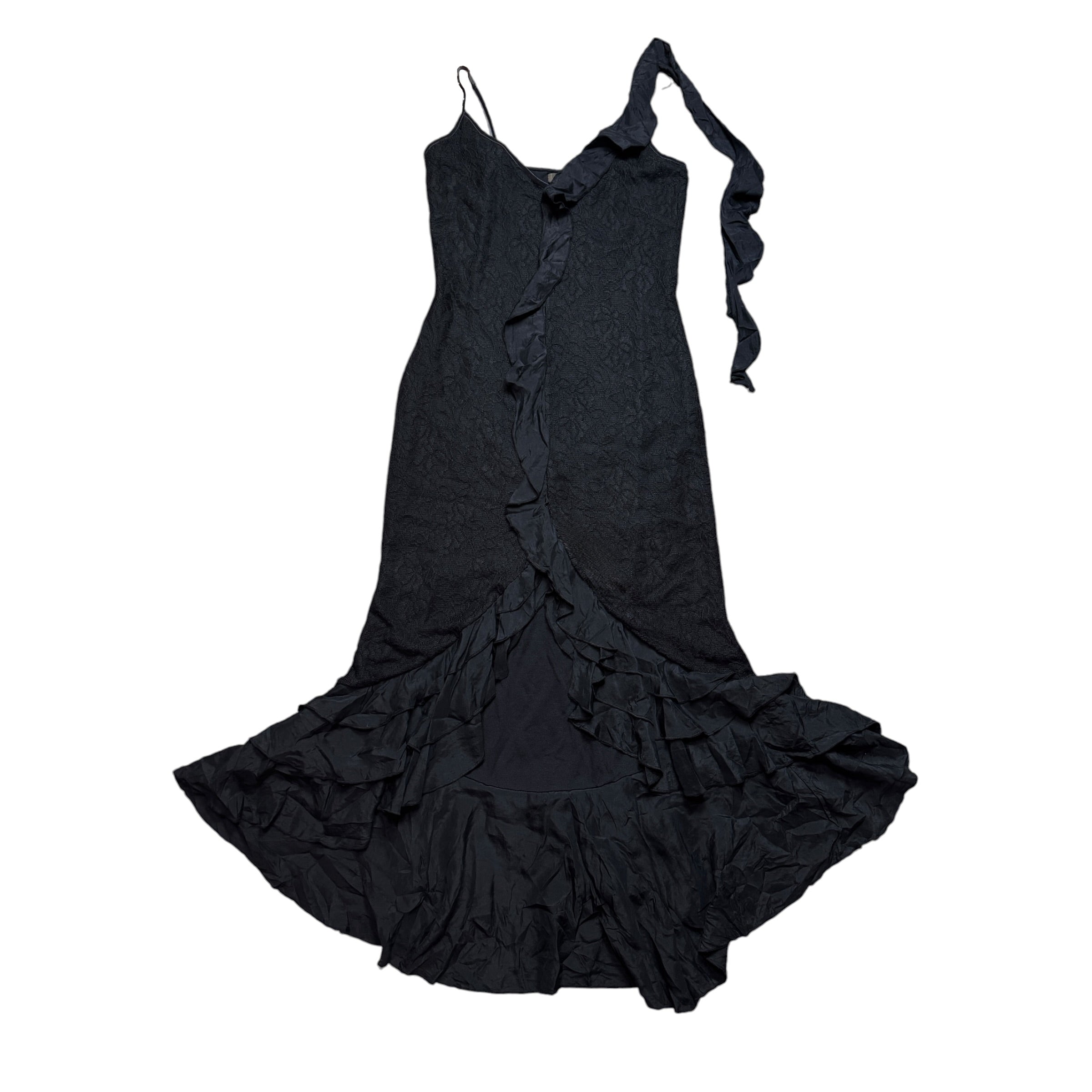 Vintage Black Lace Silk Ruffle Detail Midi Dress (M/L)