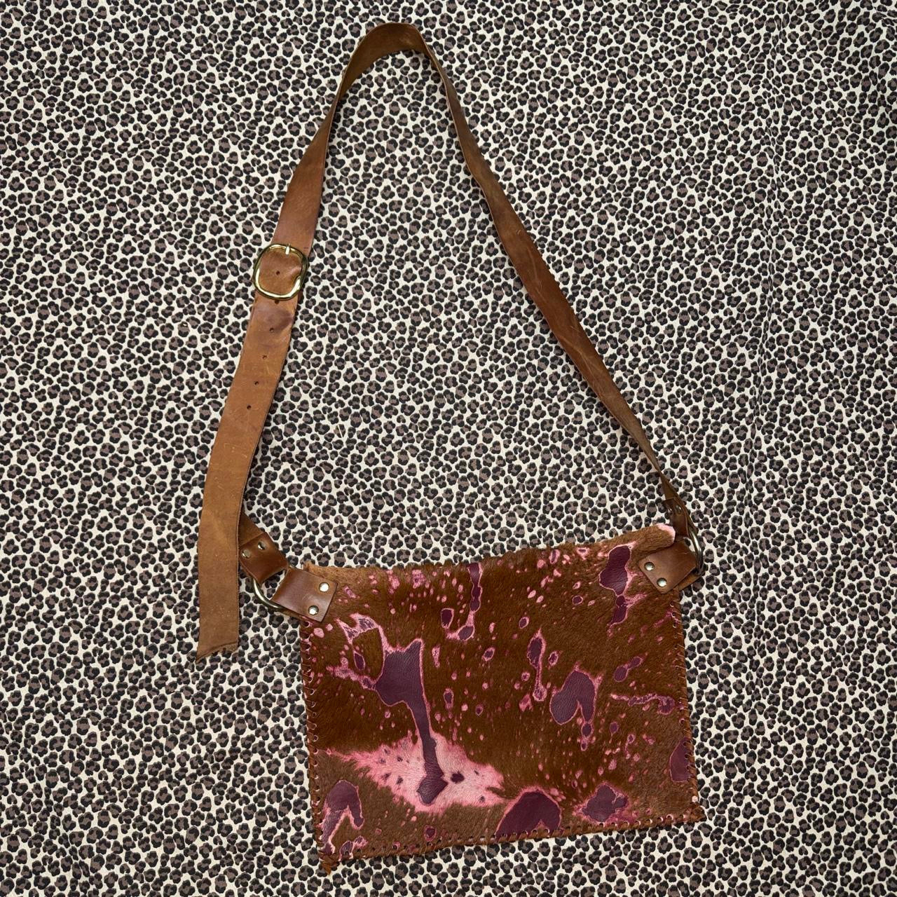 Brown & Burgundy Raw Leather Cowhide Satchel Bag