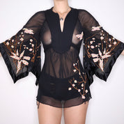 Y2K Black Mesh Embroidered Bell Sleeve Top (M/L)