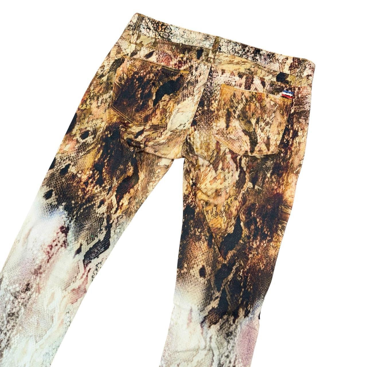 Raw Leather Hem Snakeskin Flare Jeans (XS)
