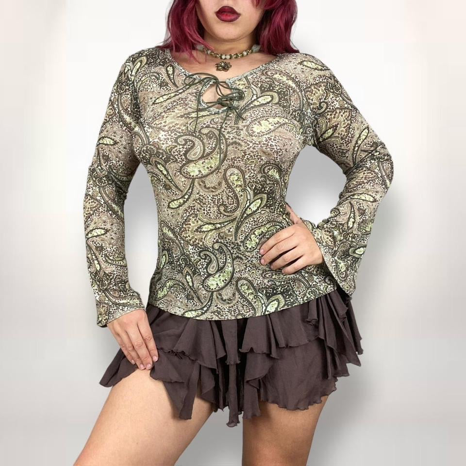 90s Paisley Mesh Bell Sleeve Top (M-L)