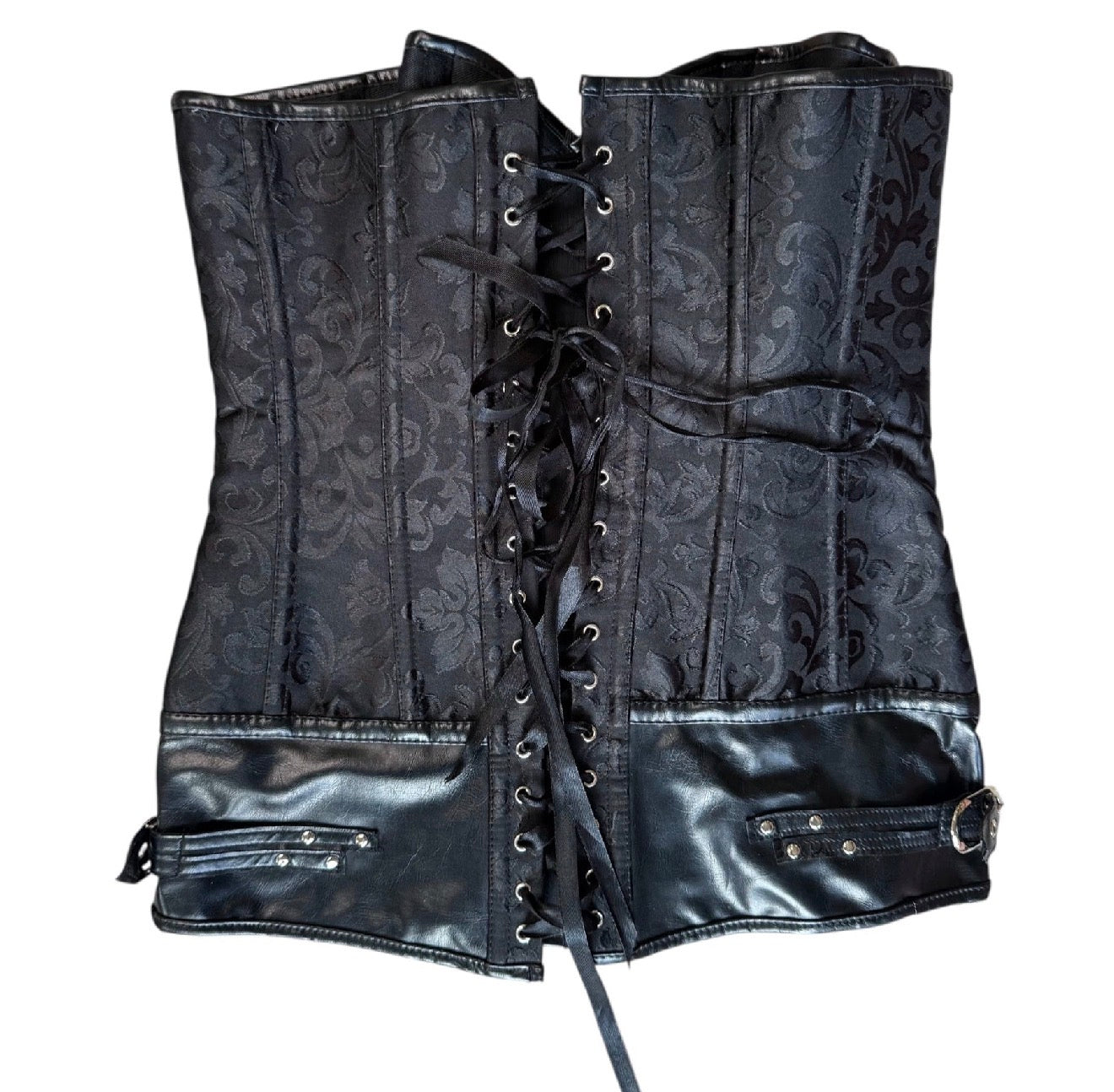 Black Corset Top With Leather Trim And Silver Hardware (S)