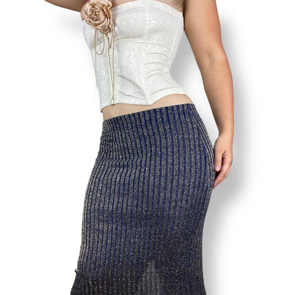 90s Navy Knit Shimmer Skirt (S)