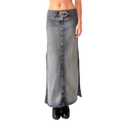 Y2K Belted Denim Maxi Skirt (XS)