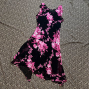 Y2K Pink & Black Floral Handkerchief Hem Midi Dress (XL)