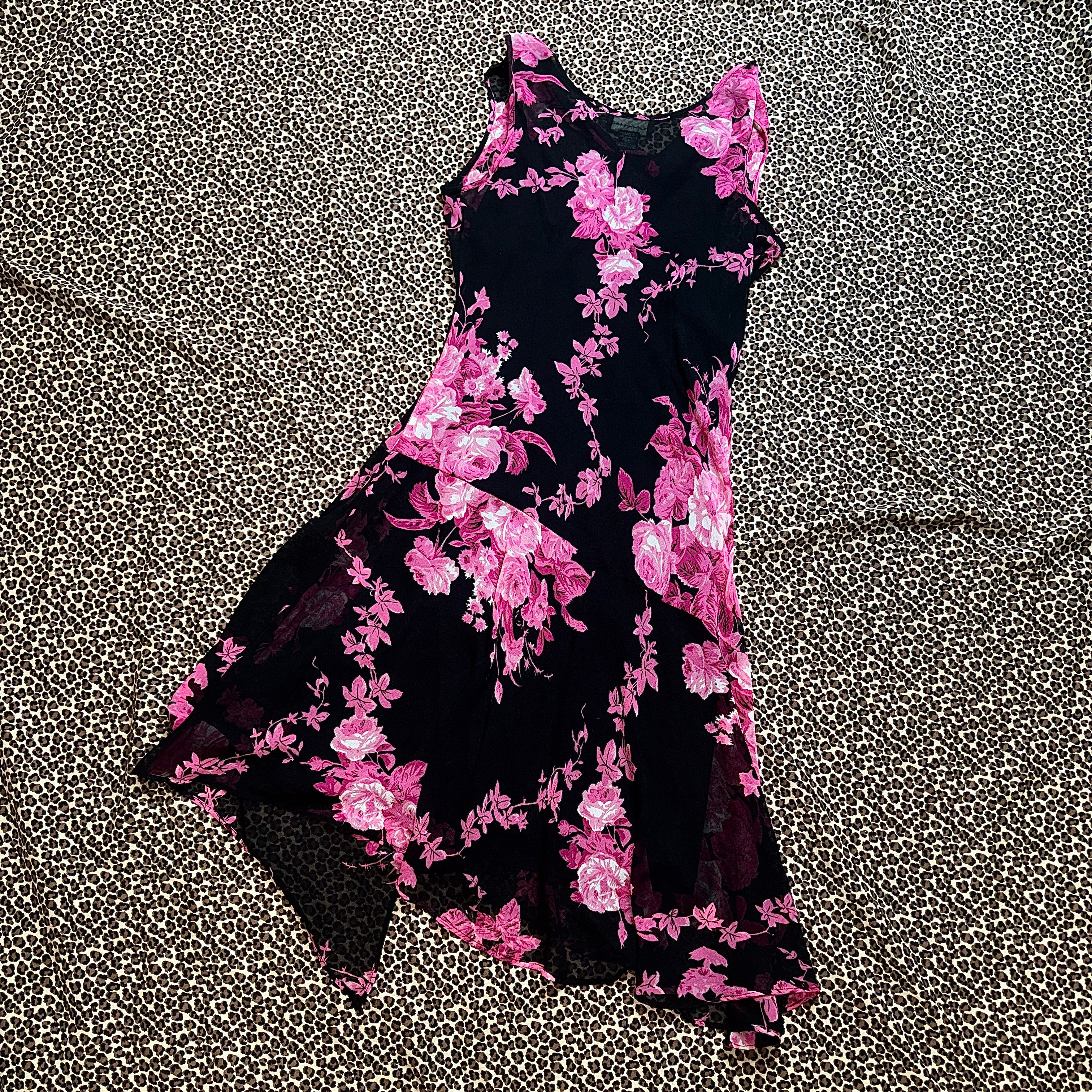 Y2K Pink & Black Floral Handkerchief Hem Midi Dress (XL)