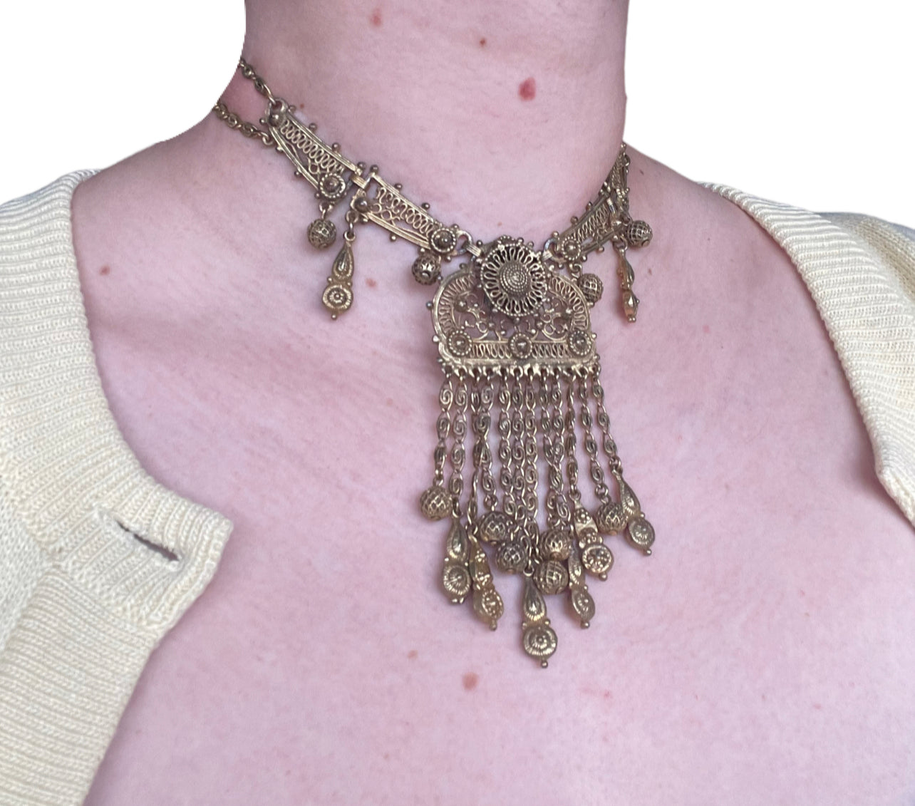 Antique Mid-Century Indian Brass Choker with Dangles, Intricate Cannetille Work