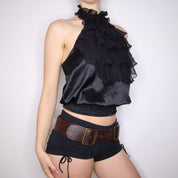 Y2K BEBE Black Silk Ruffle Halter Top (S)