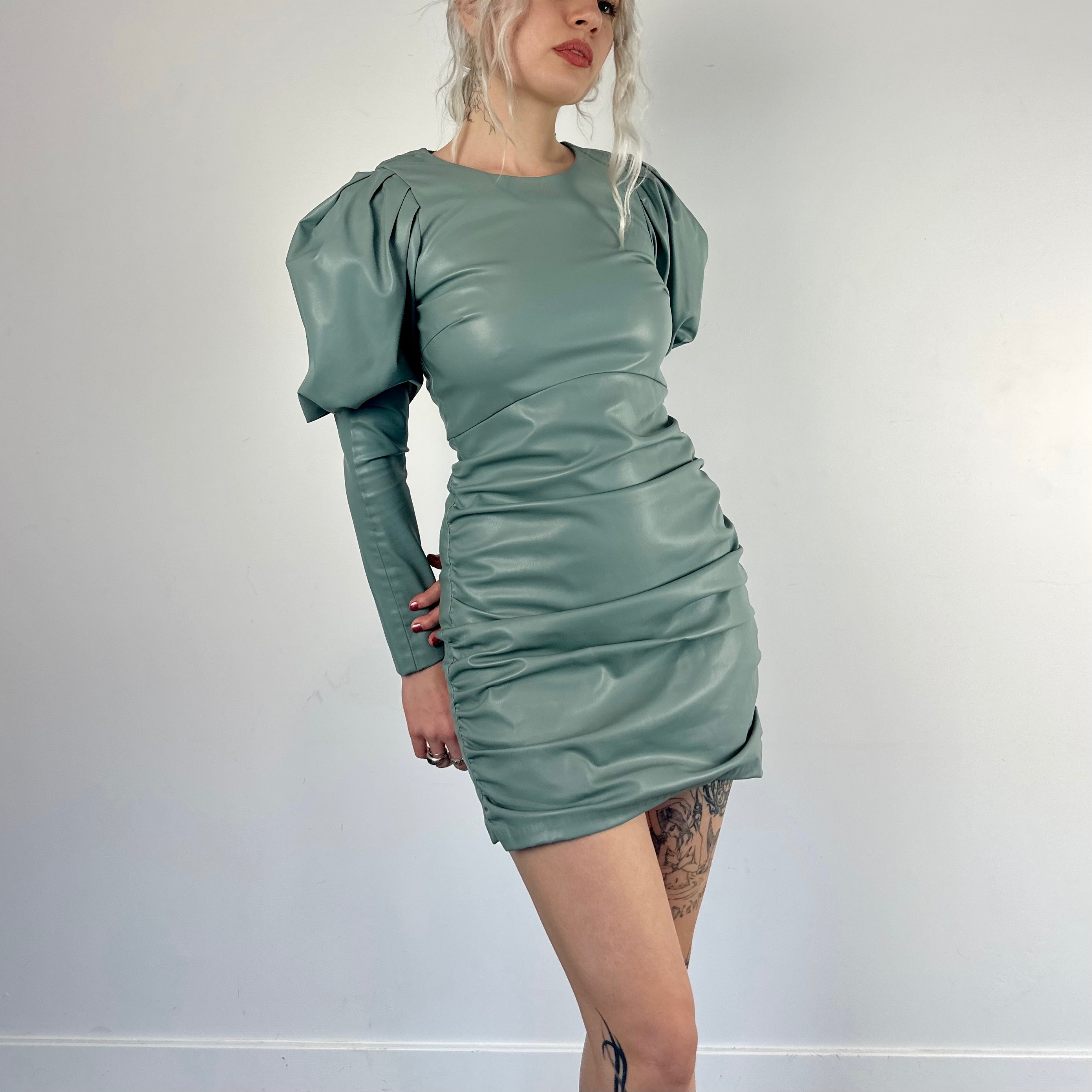 Faux Leather Puff Sleeve Mini Dress (S)
