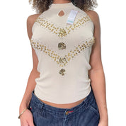 Vintage 90s cream knit high mock neck sleeveless top with gold sequins (S)