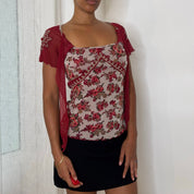 Italian vintage burgundy floral mesh top with beaded sleeves