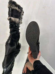 2000s Buckle Faux Leather & Fur Trim Wedge Boots (US 6)