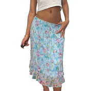 00s blue & pink floral rom com mesh midi skirt (S/M)