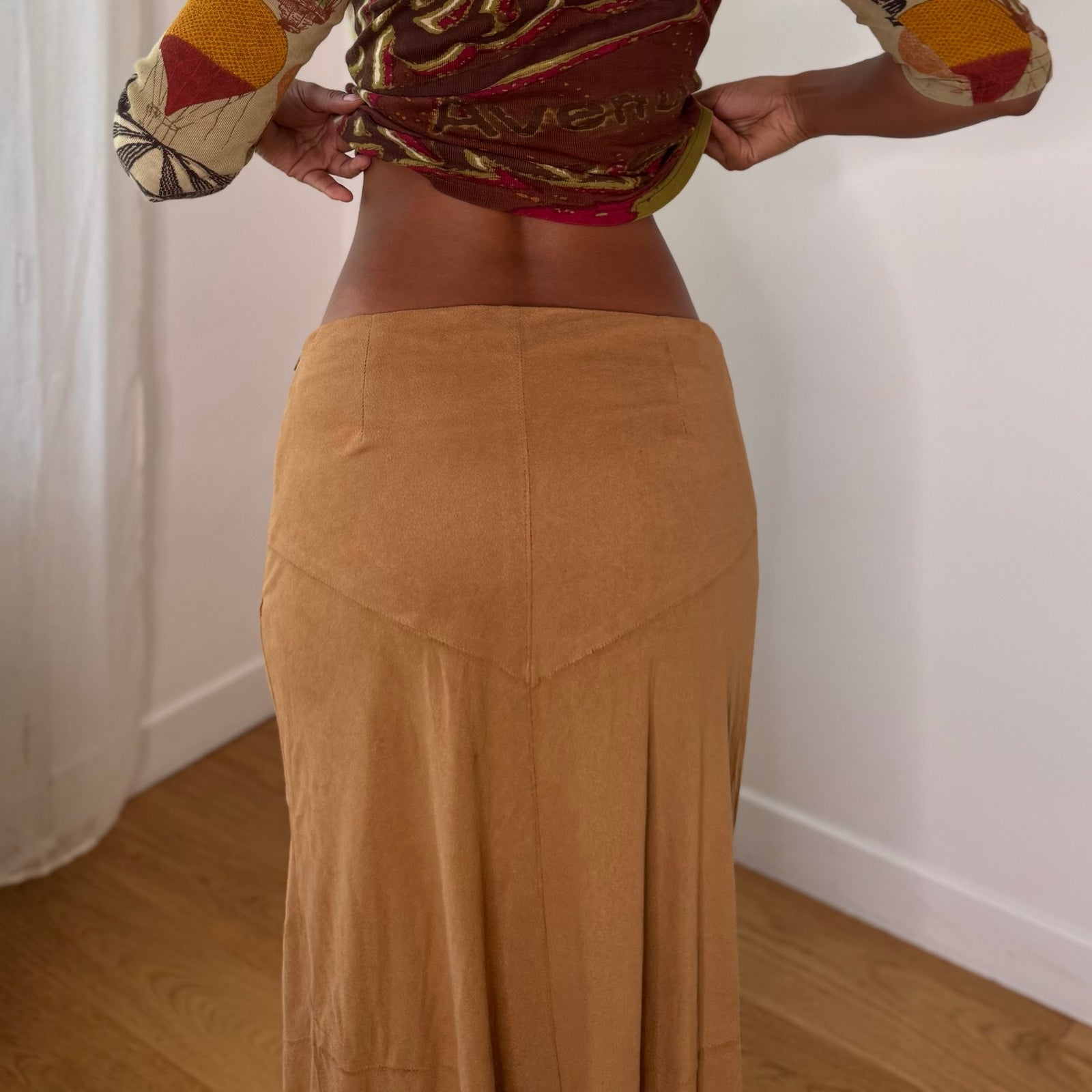 Italian vintage camel brown low-rise maxi skirt with asymmetric hem