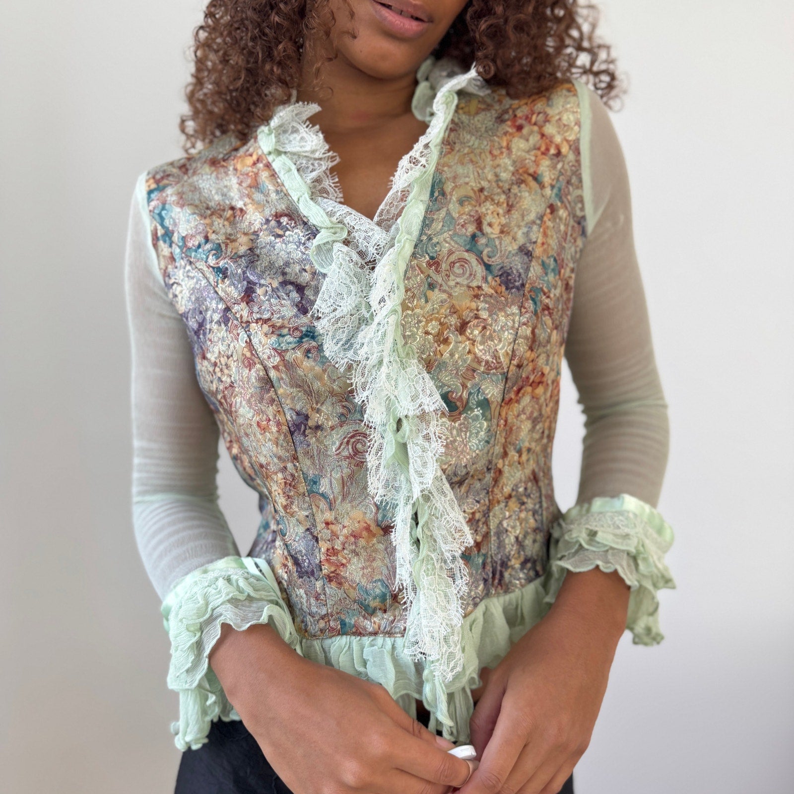 Vintage French Designer Mint Mesh & Brocade Blouse (S/M)