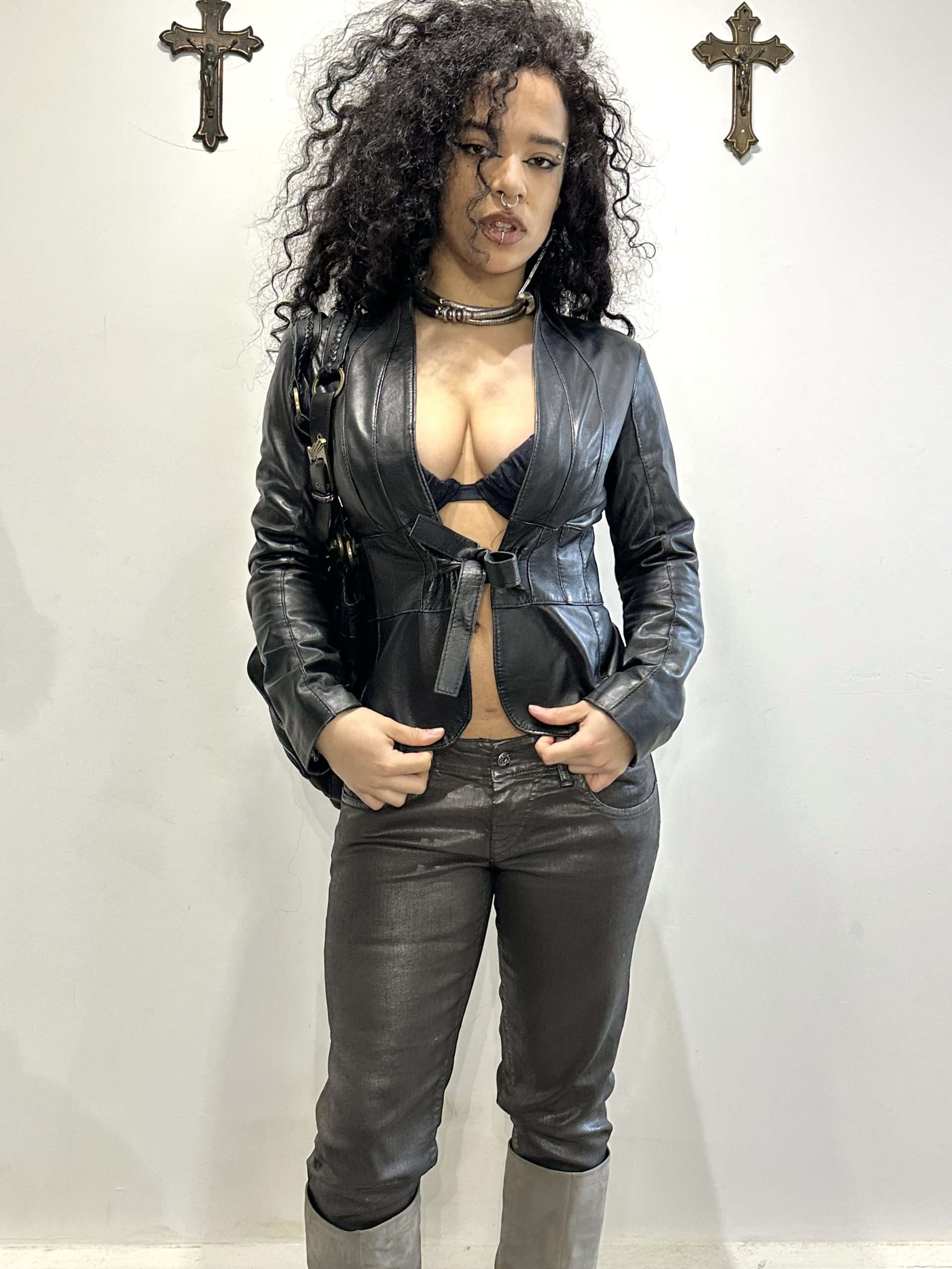 Vintage Italian Tie Front Black Leather Jacket (XS/S)