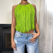90s lime green knit crochet tube halter top (M)