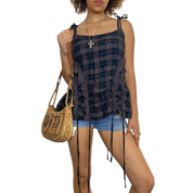 Vintage Plaid Ruffle Ruched Cami Top (M-L)