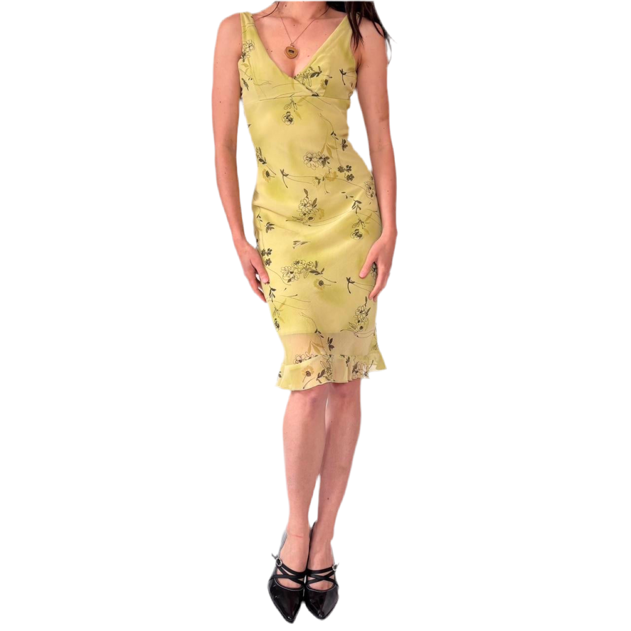 Y2K Floral Chartreuse Midi Dress (XS/S)