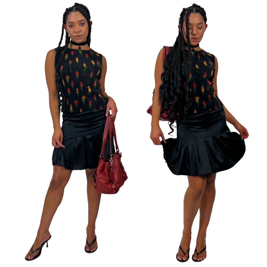 2000s Black Silk Midi Skirt (M)