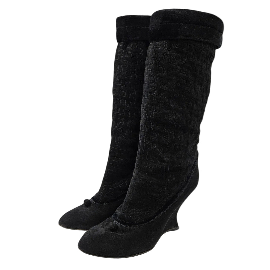 Yves Saint Laurent Quilted Black Velvet "Pagoda" Wedge Boots (10)
