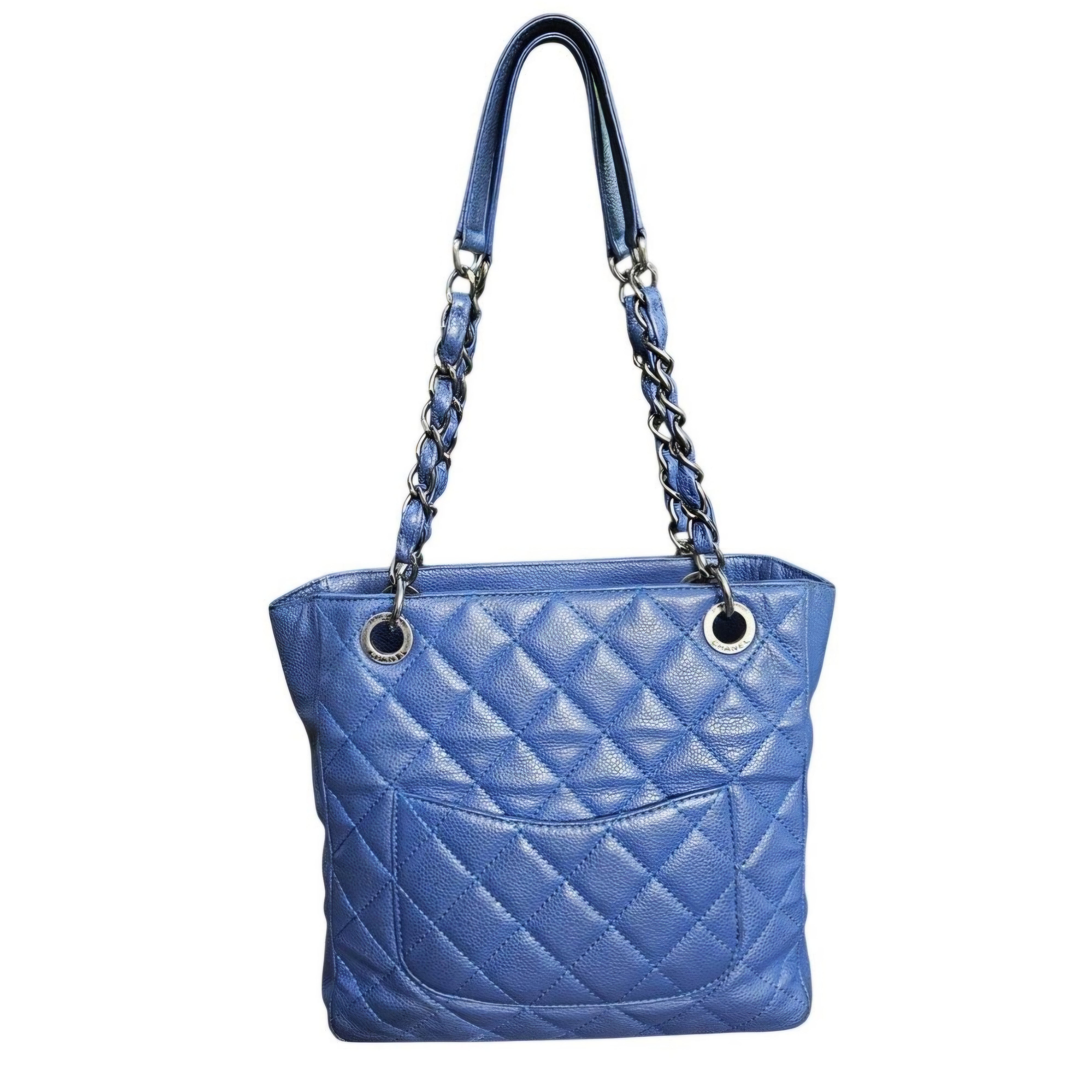Vintage Chanel Caviar Petite Shopping Tote Blue Quilted