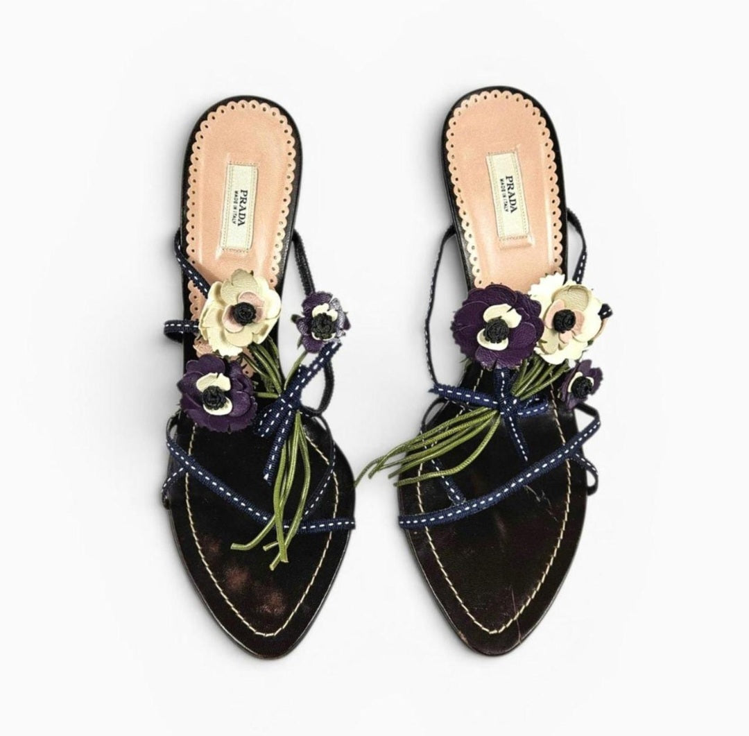 Vintage Prada Heels Leather Flower Mules Y2k (7)