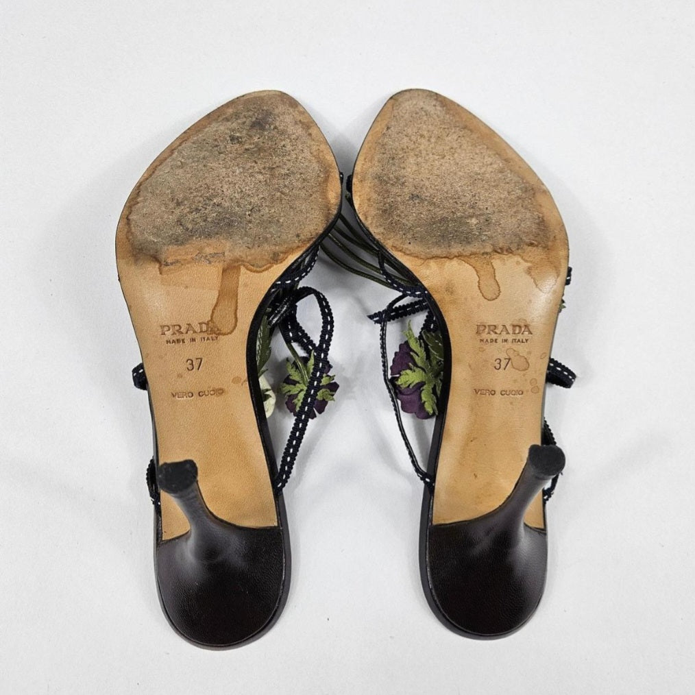 Vintage Prada Heels Leather Flower Mules Y2k (7)