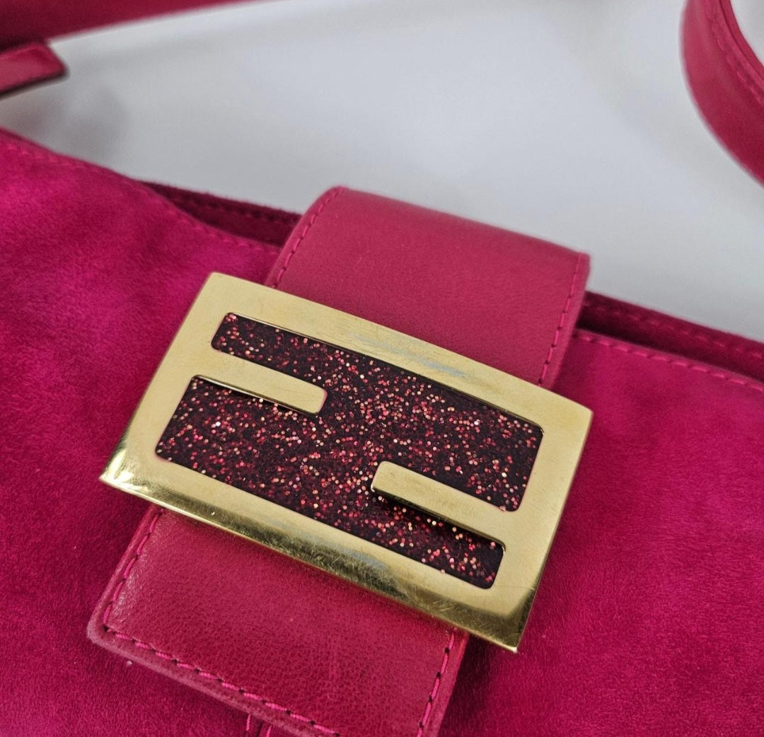 Y2k Fendi Baguette Suede Shoulder Bag Fuchsia Pink Vintage