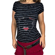 Euro Y2K Rhinestone Portrait Graphic Striped Baby Tee (S/M)