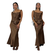 2000s Brown Satin Belted Gown (M)