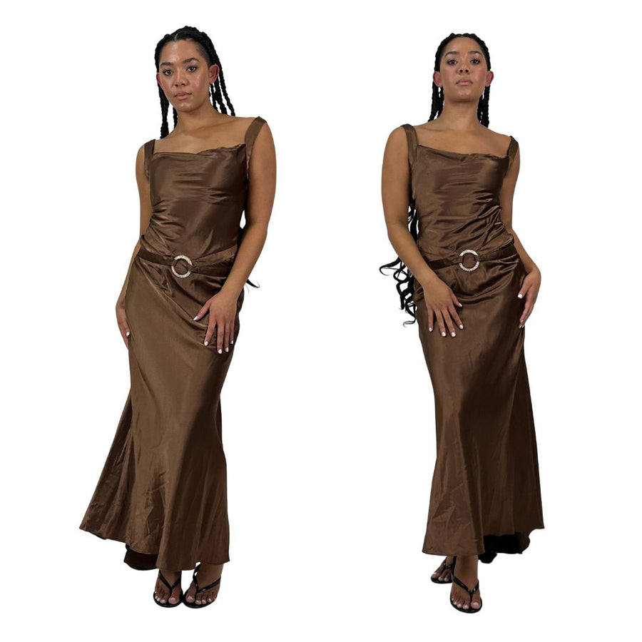 2000s Brown Satin Belted Gown (S/M)