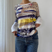 Vintage Abstract Print Mesh Top (S/M)