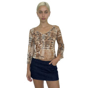 Vintage French Beige Script Print Mesh Top (S/M)