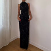 Italian vintage black floral print slinky maxi dress with high neck, open back & back slit