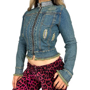 Rhinestone Studded Distressed Denim Jacket (M)
