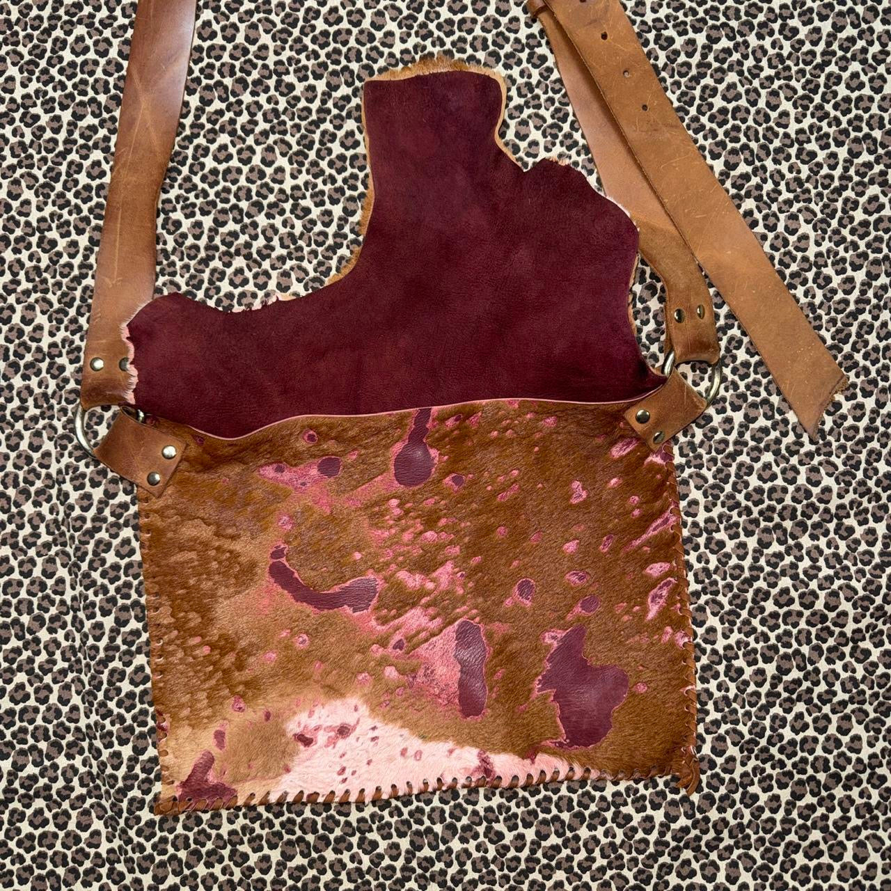 Brown & Burgundy Raw Leather Cowhide Satchel Bag