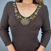 2000s Embellished Neckline 3/4 Sleeve Knit (S)