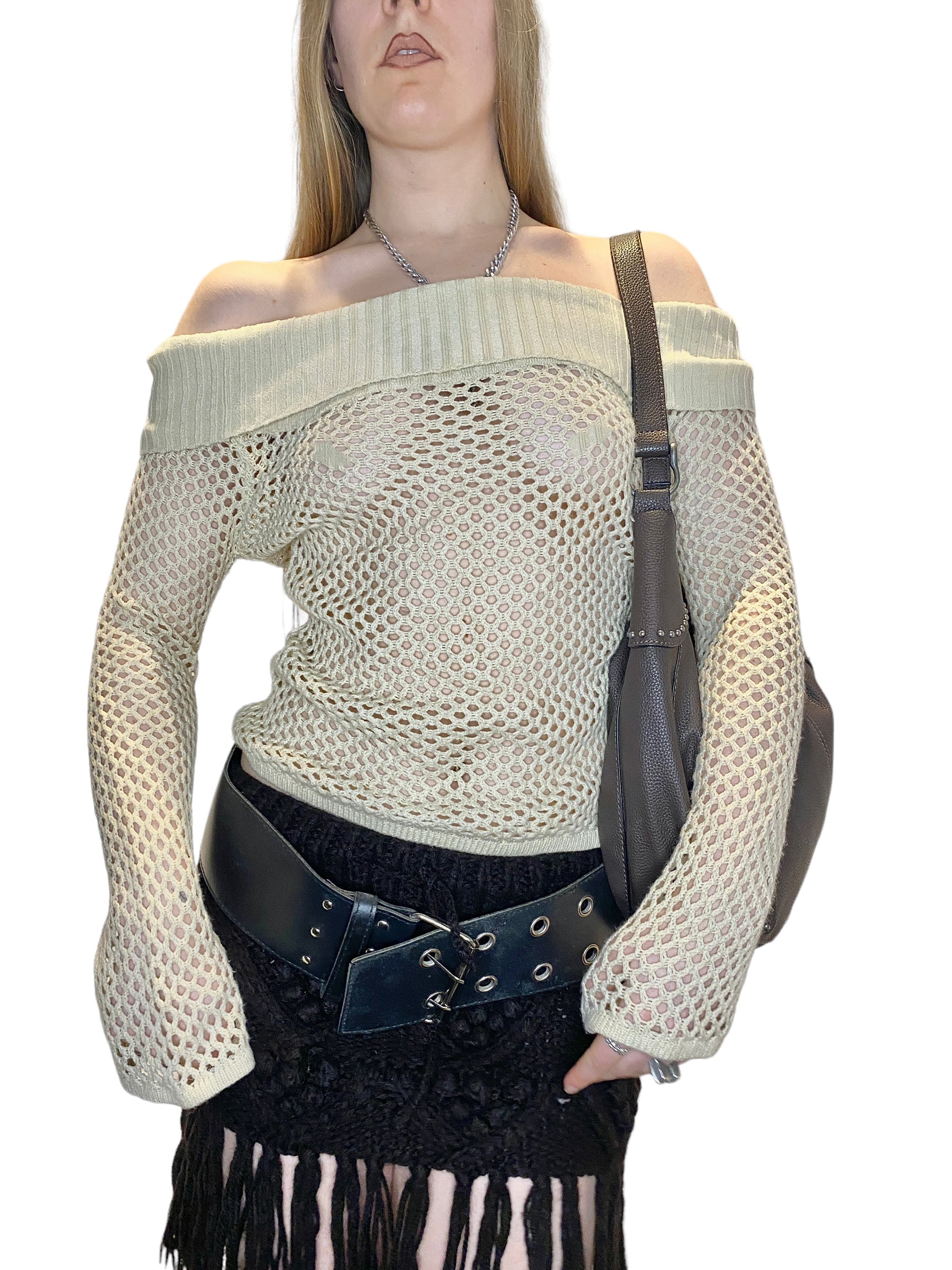 Vintage Off The Shoulder Crochet Long Sleeve Top (M)