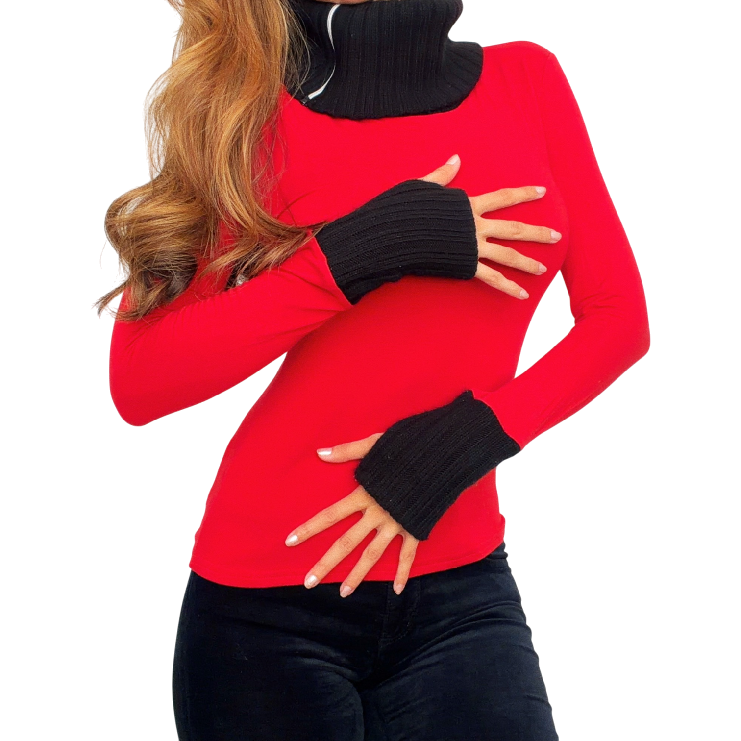 French Vintage Red & Black Turtleneck Top (S)